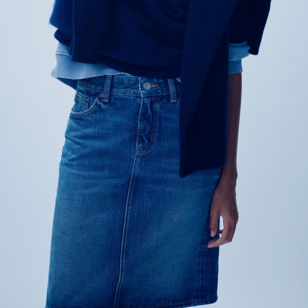 Zara Trf Mid Rise Denim Skirt Blue Sz  L Bnwt